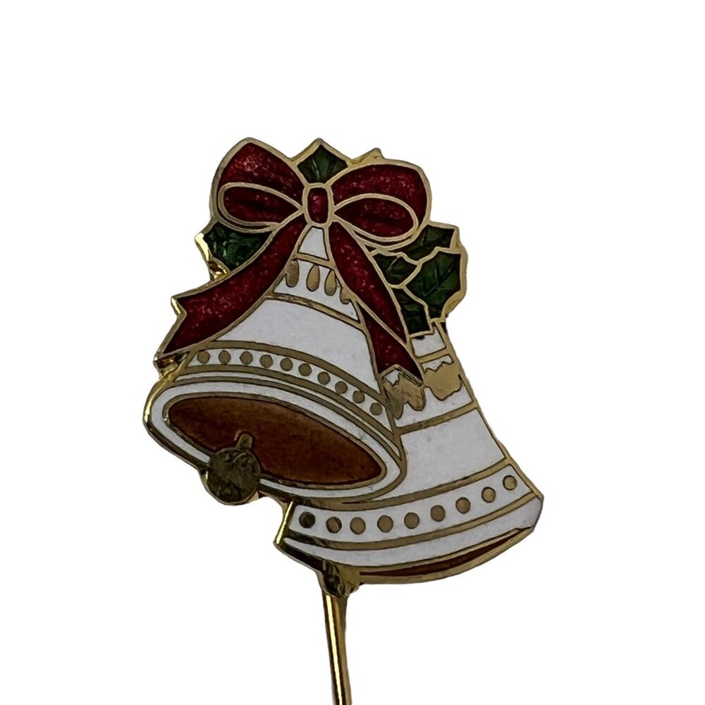 Vintage Bell Stickpin Holiday Red White Enamel Lapel‎ Hat Pin